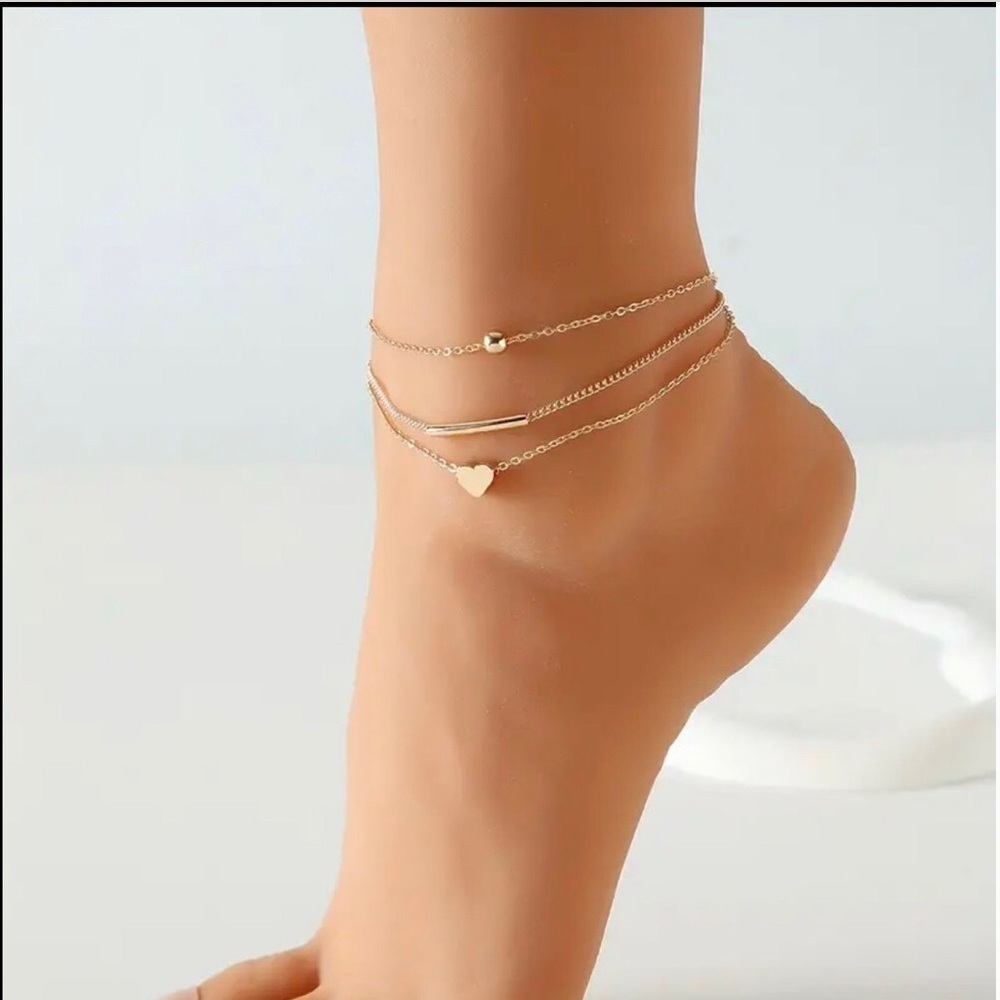 Gold Heart Fashion Anklet, Triple Layered, Adjustable